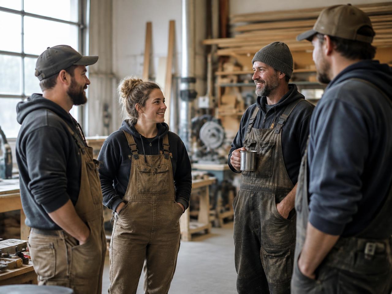 A small crew of tradespeople talking together in a workshop