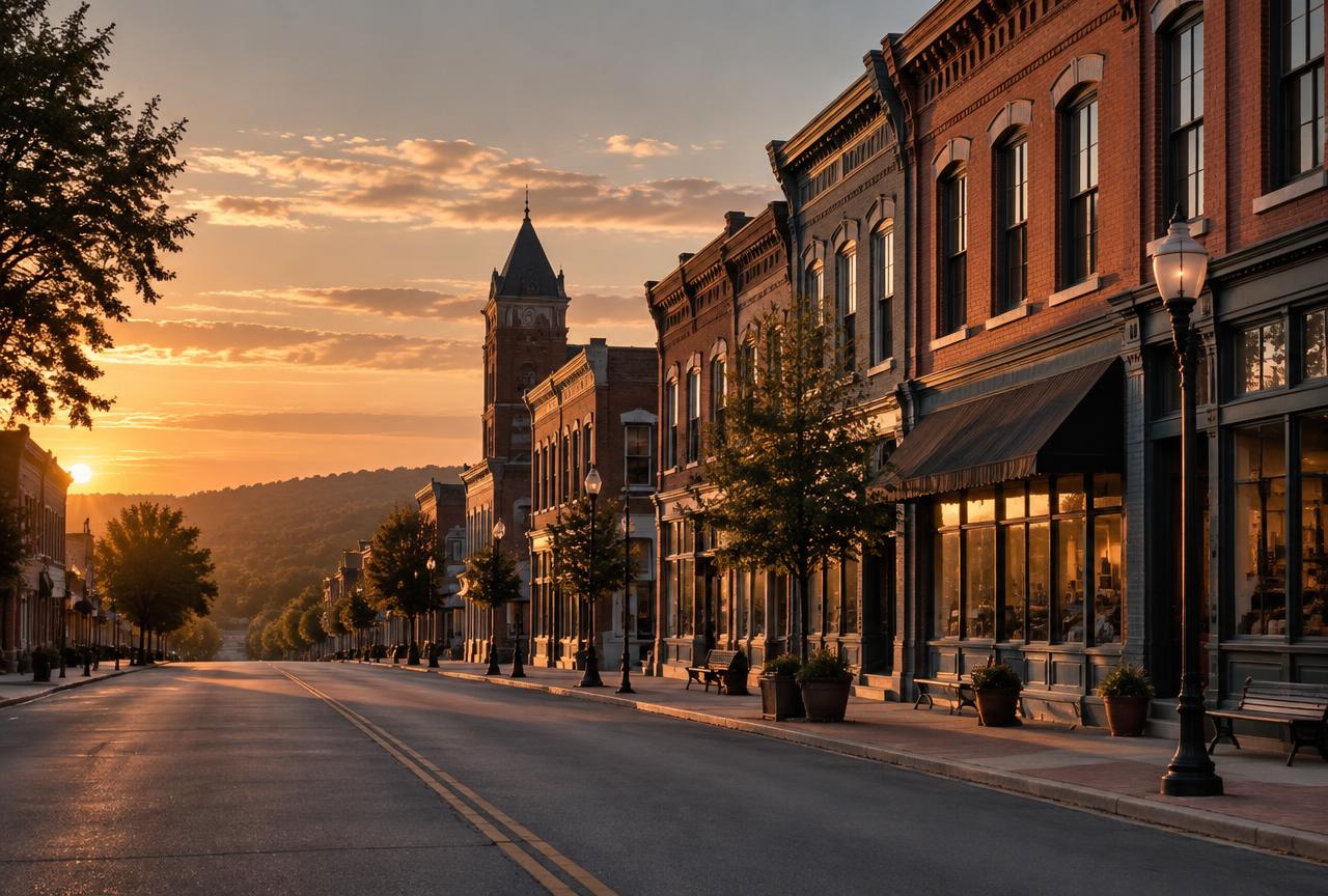 A small-town American main street of brick storefronts at golden hour